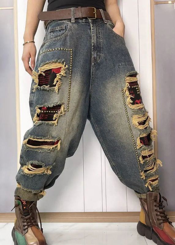 Women Blue Nail Bead Patchwork Sashes High Waist Ripped Jeans Summer