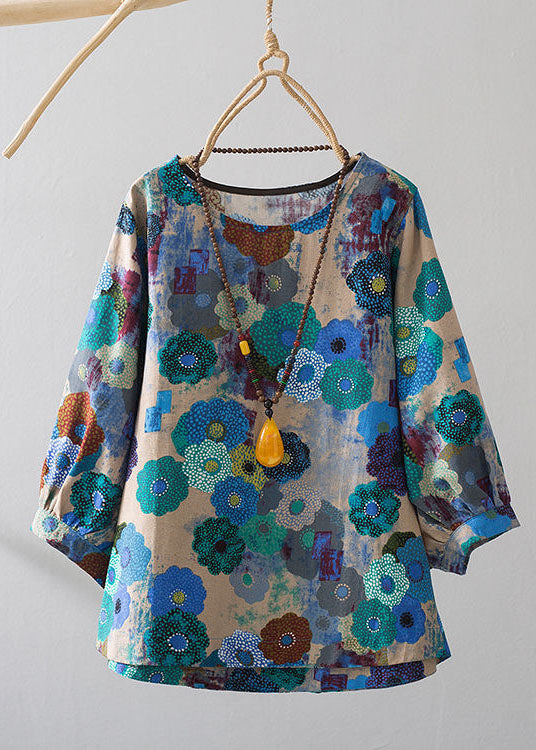 Women Blue O-Neck Oversized Print Linen Blouses Bracelet Sleeve