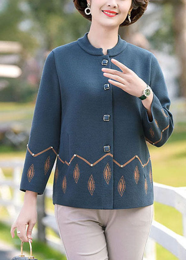 Women Blue O-Neck Pockets Print Woolen Coats Long Sleeve