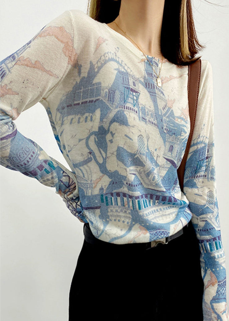 Women Blue O Neck Print Patchwork Knitting Cotton Top Long Sleeve