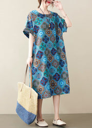 Women Blue O-Neck Print Pockets Linen Dress Short Sleeve