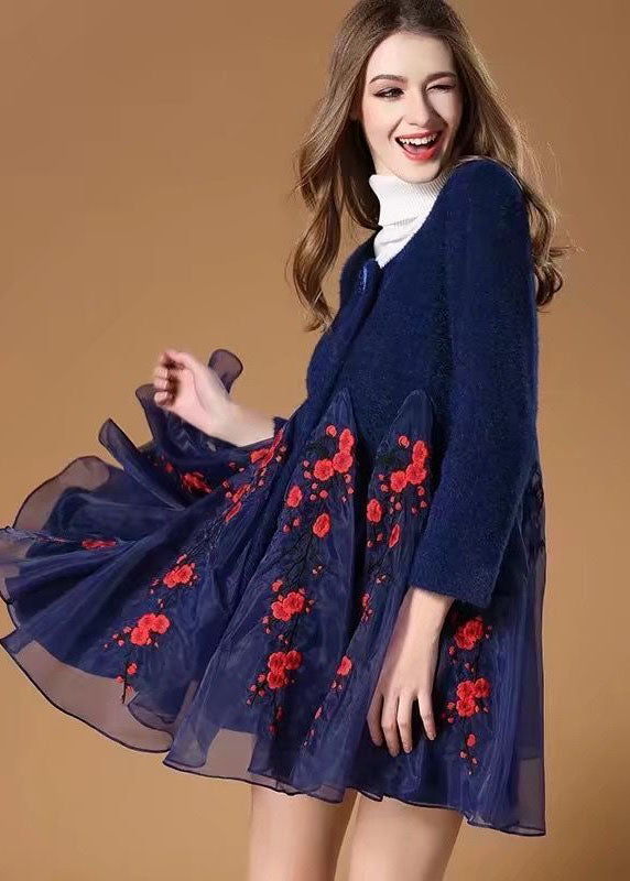 Women Blue Organza Patchwork Embroideried Wool Coats Winter