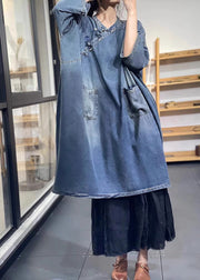 Women Blue Oversized Chinese Button Denim Long Dress Spring