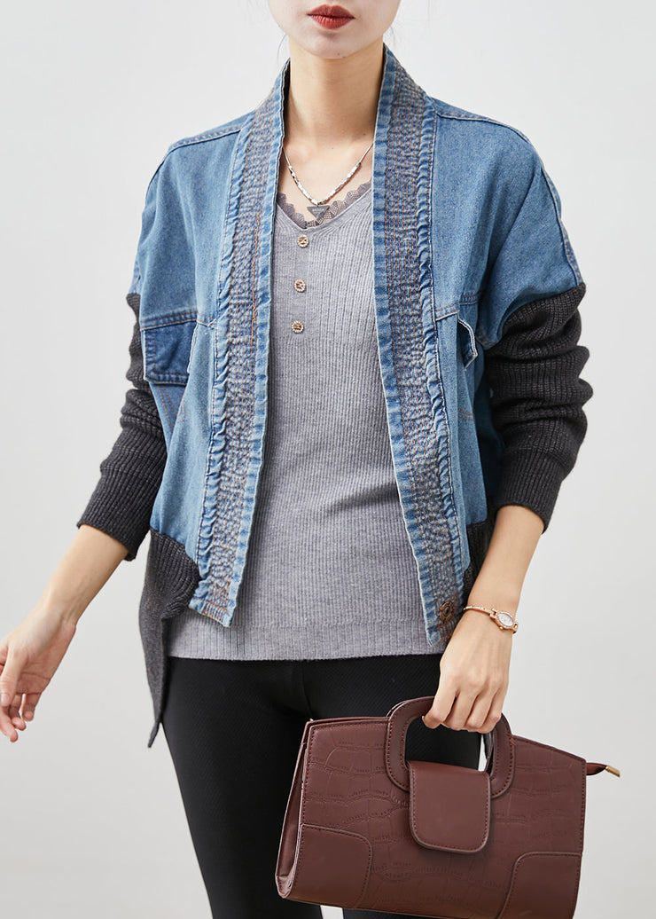 Women Blue Oversized Patchwork Knit Denim Loose Coat Fall