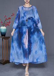 Women Blue Oversized Patchwork Tie Dye Chiffon Maxi Dresses Summer