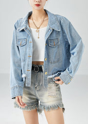 Women Blue Oversized Pockets Cotton Denim Coat Fall