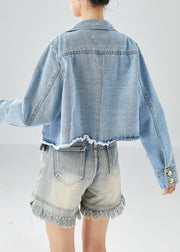 Women Blue Oversized Pockets Cotton Denim Coat Fall