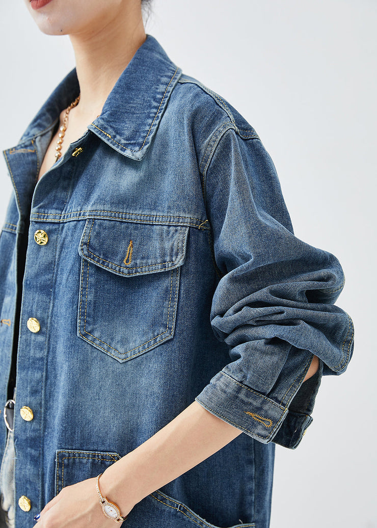 Women Blue Oversized Pockets Denim Coats Fall