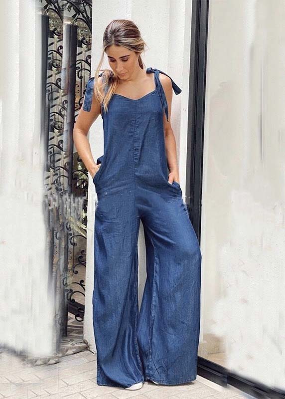 Women Blue Oversized Pockets Denim Wide Leg Jumpsuit Summer