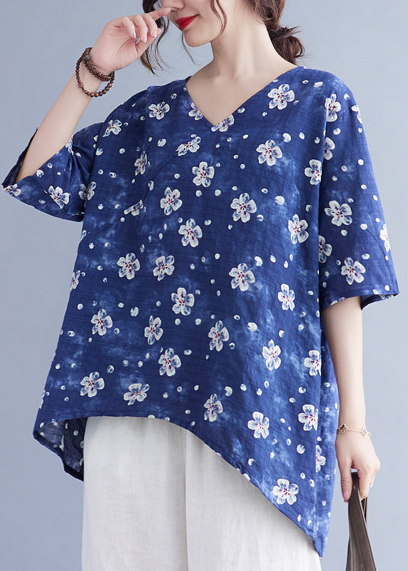 Women Blue Oversized Print Low High Design Linen Tank Tops Summer