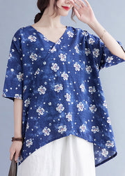 Women Blue Oversized Print Low High Design Linen Tank Tops Summer