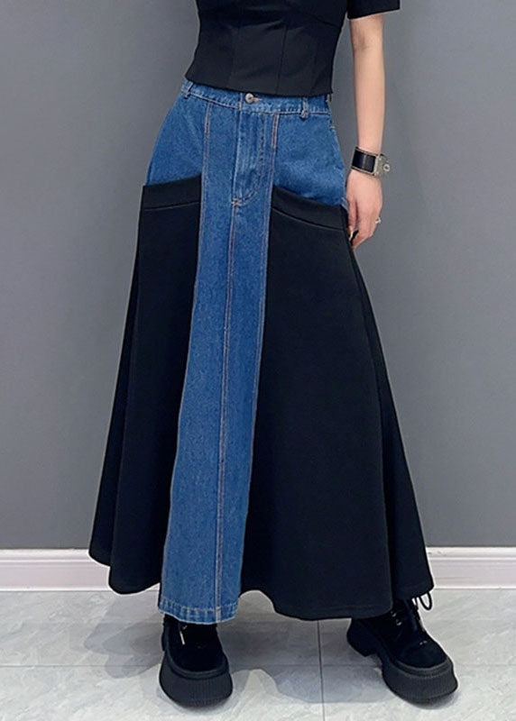 Women Blue Patchwork Black High Waist Denim Maxi Fish Tail Skirts