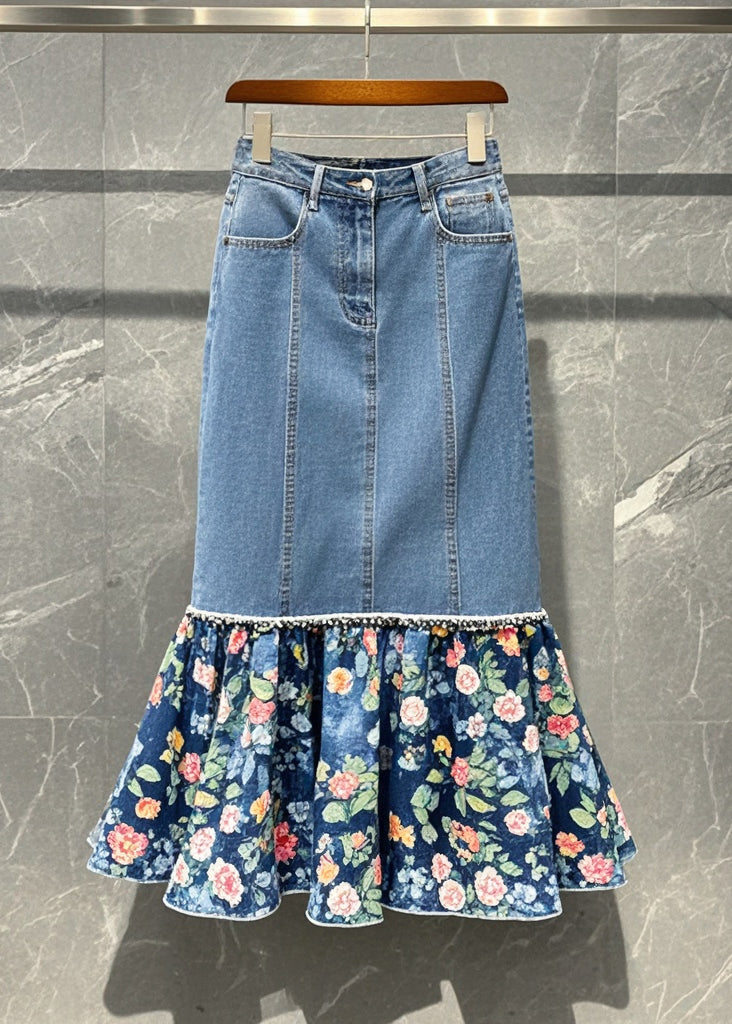 Women Blue Patchwork Print Denim Wraped Skirt Fall