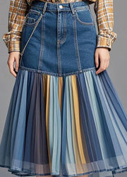 Women Blue Patchwork Rainbow Striped Denim Skirt Fall