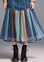 Women Blue Patchwork Rainbow Striped Denim Skirt Fall