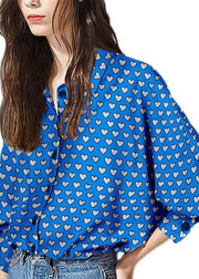 Women Blue Peter Pan Collar Heart Print Patchwork Cotton Shirt Tops Spring