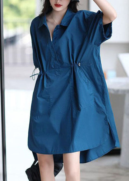 Women Blue Peter Pan Collar Patchwork Cotton Shirts Dresses Summer