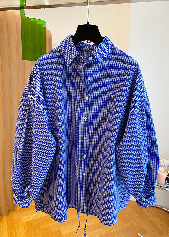 Women Blue Peter Pan Collar Plaid Cotton Shirts Top Fall