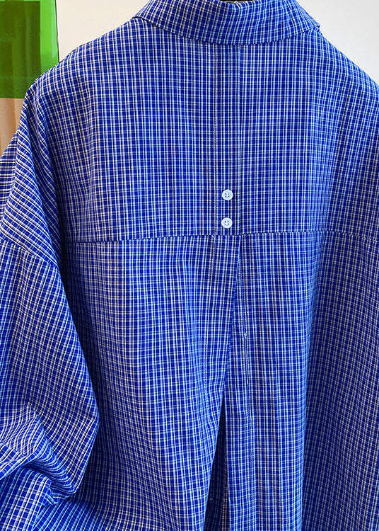 Women Blue Peter Pan Collar Plaid Cotton Shirts Top Fall