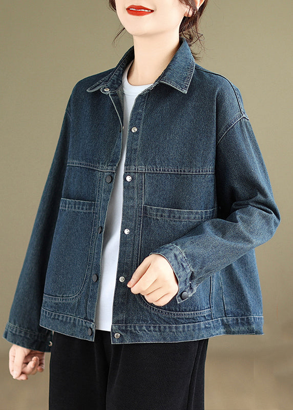 Women Blue Peter Pan Collar Pockets Warm Fleece Denim Coat Winter