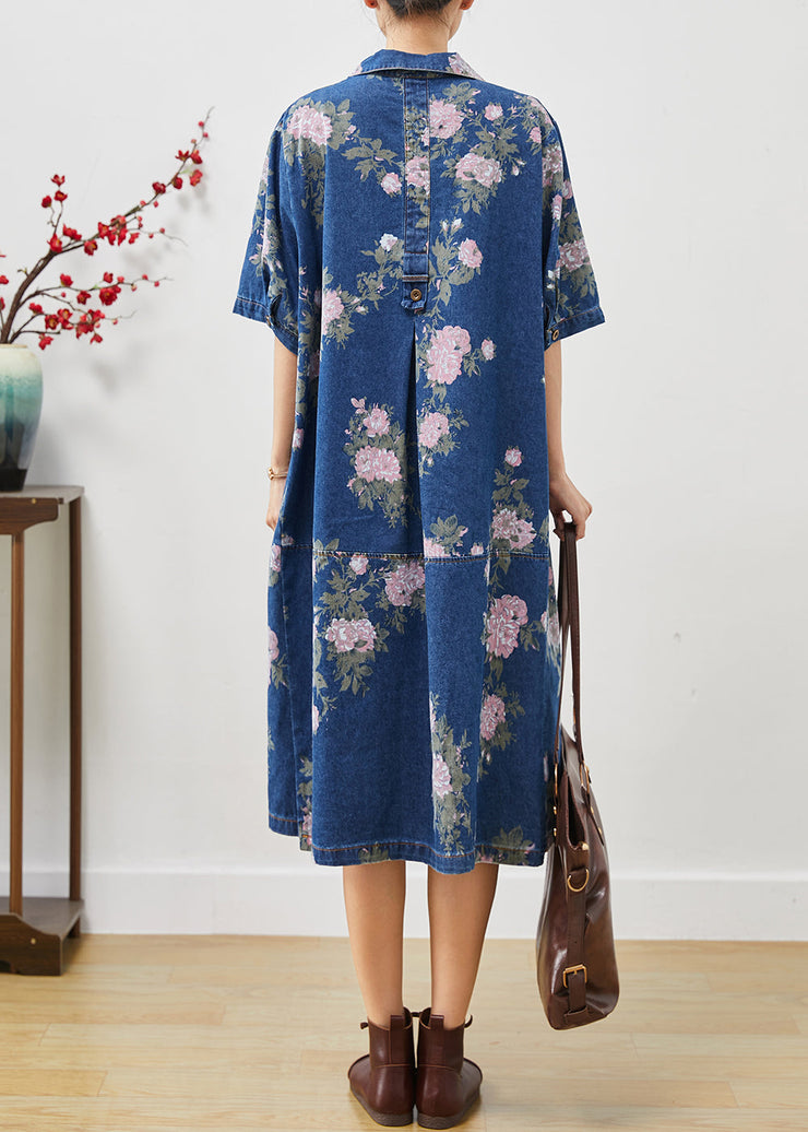 Women Blue Peter Pan Collar Print Denim Dress Summer