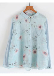 Women Blue Peter Pan Collar Print Linen Shirt Spring