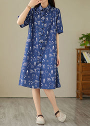 Women Blue Peter Pan Collar Print Patchwork Denim Shirts Dress Summer