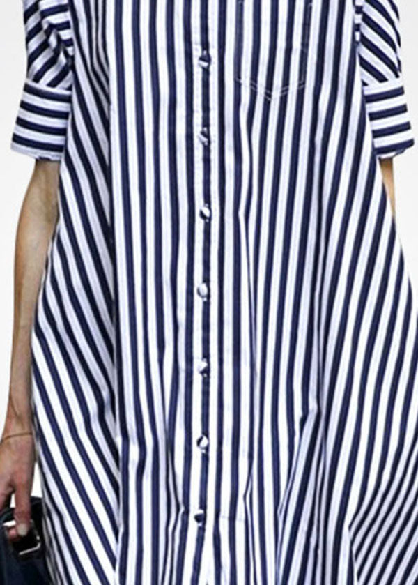 Women Blue Peter Pan Collar Striped Cotton Shirt Dress Short Sleeve