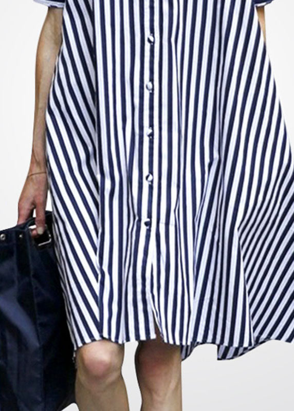 Women Blue Peter Pan Collar Striped Cotton Shirt Dress Short Sleeve