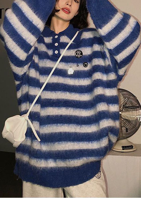 Women Blue Peter Pan Collar Striped Knit Sweater Winter