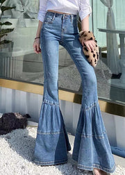 Women Blue Pockets High Waist Denim Flared Trousers Summer