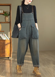 Women Blue Pockets High Waist Denim Jumpsuit Fall