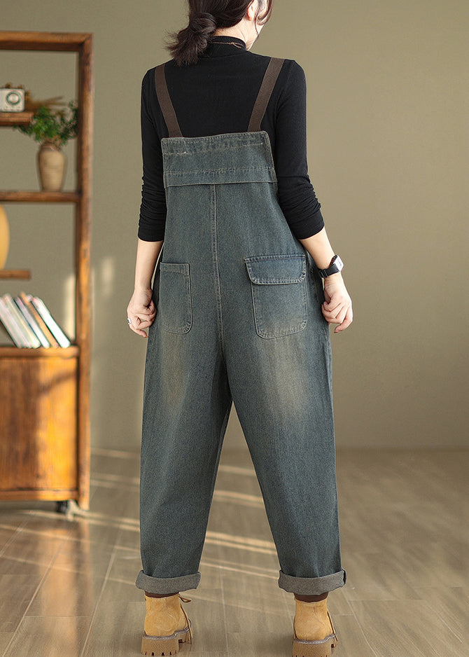 Women Blue Pockets High Waist Denim Jumpsuit Fall