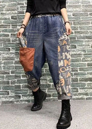 Women Blue Pockets Patchwork Print Denim Harem Pants Spring