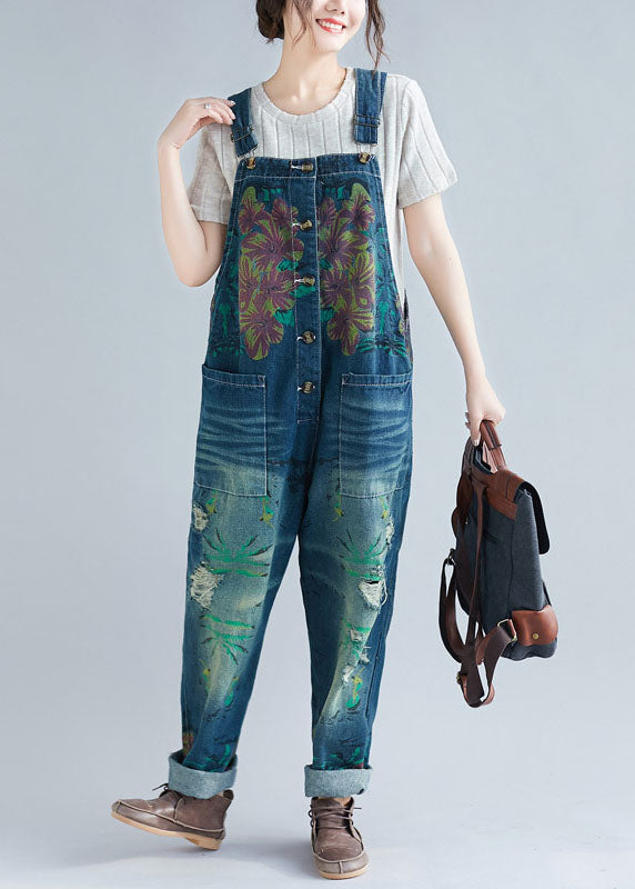 Women Blue Pockets Patchwork Print Denim Jumpsuit Spring