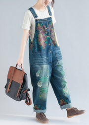 Women Blue Pockets Patchwork Print Denim Jumpsuit Spring