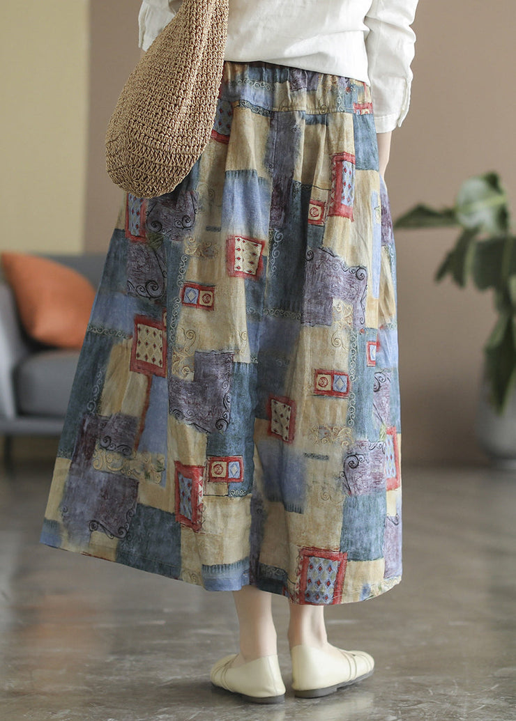 Women Blue Pockets Print Linen A Line Skirts Spring