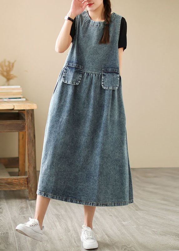 Women Blue Pockets Wrinkled Patchwork Denim Dresses Summer