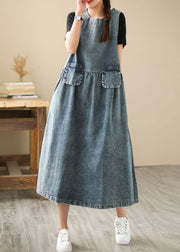 Women Blue Pockets Wrinkled Patchwork Denim Dresses Summer