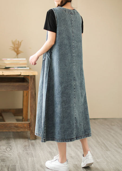 Women Blue Pockets Wrinkled Patchwork Denim Dresses Summer