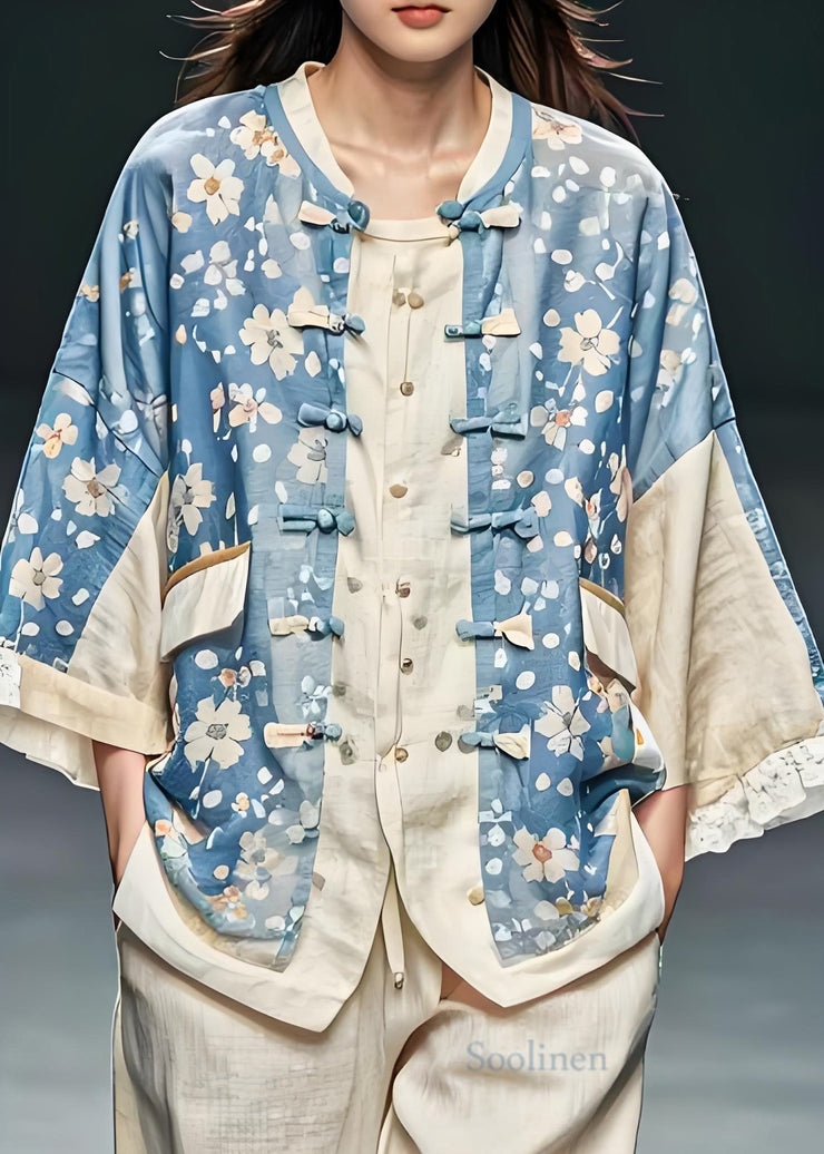 Women Blue Print Chinese Button Patchwork Cotton Coats Fall