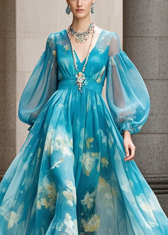 Women Blue Print Exra Large Hem Chiffon Dress Lantern Sleeve