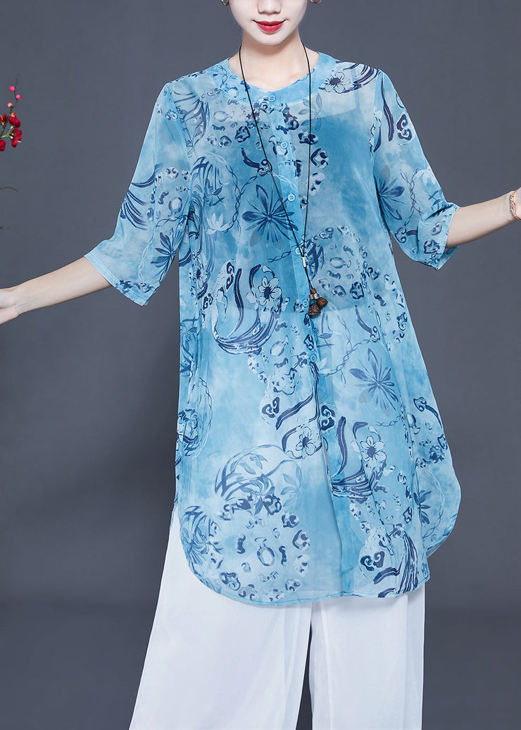 Women Blue Print Oversized Side Open Long Shirts And Pants Two-Piece Set Summer