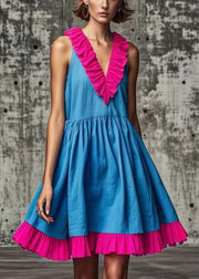 Women Blue Ruffled Patchwork Cotton Mid Dress Summer