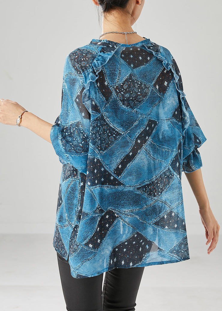 Women Blue Ruffled Print Chiffon Tanks Fall