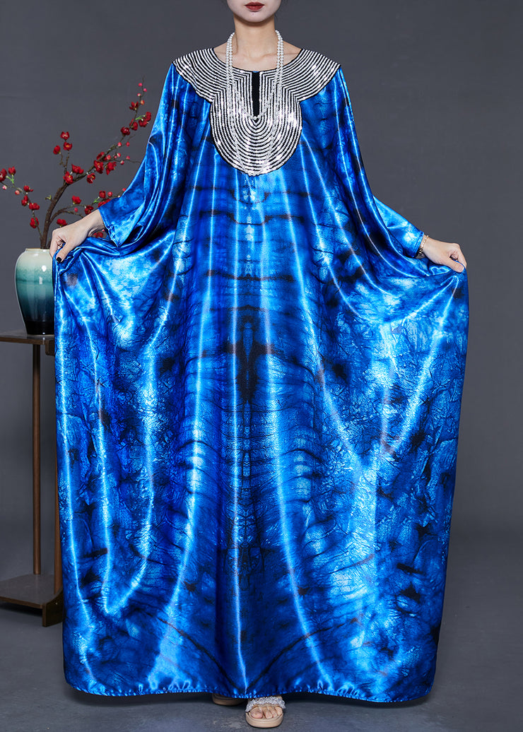 Women Blue Sequins Tie Dye Silk Holiday Dress Summer