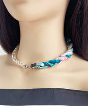 Women Blue Silk Patchwork Pearl Choker