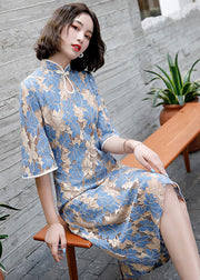 Women Blue Stand Collar Button Lace Cheongsam Dress Half Sleeve