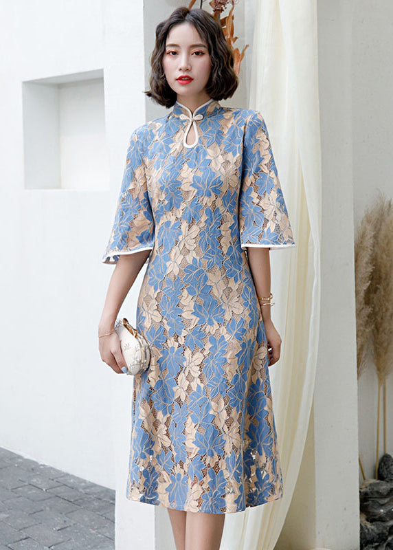 Women Blue Stand Collar Button Lace Cheongsam Dress Half Sleeve