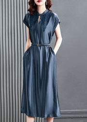 Women Blue Stand Collar Cinched Silk Long Dresses Summer